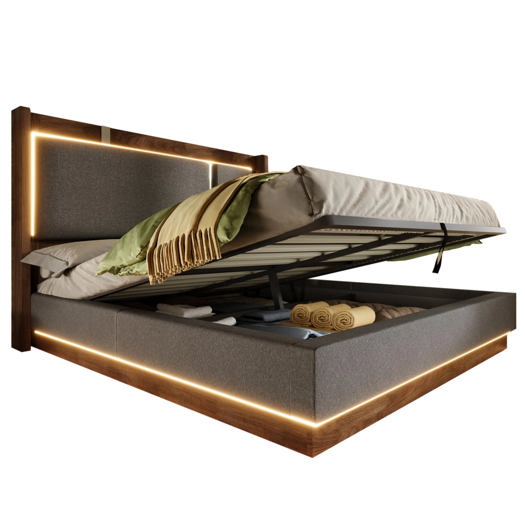Letto matrimoniale 199x156x110 cm con LED e contenitore; in lino; legno e metallo grigio e noce
