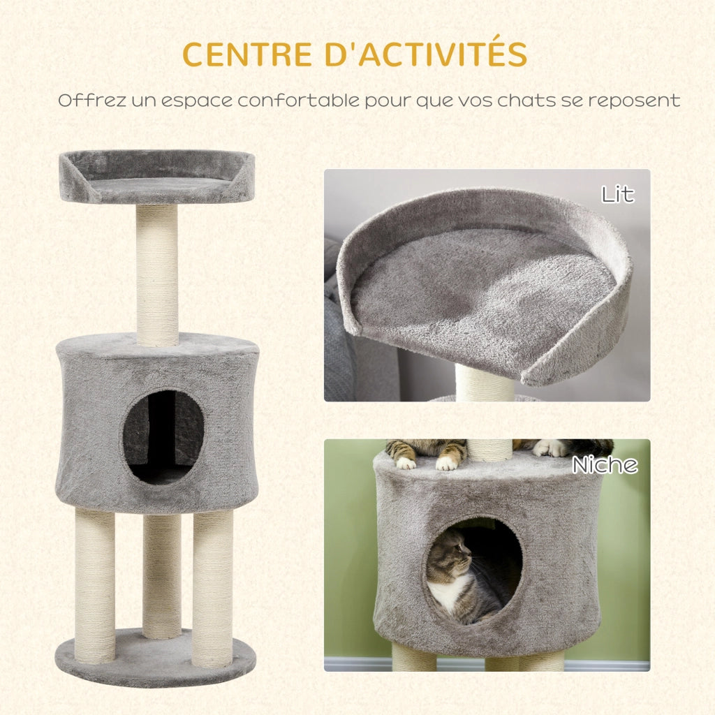 Albero tiragraffi per gatti con piattaforma e nicchia ¨C zephmum ¨C grigio naturale altezza 103 cm