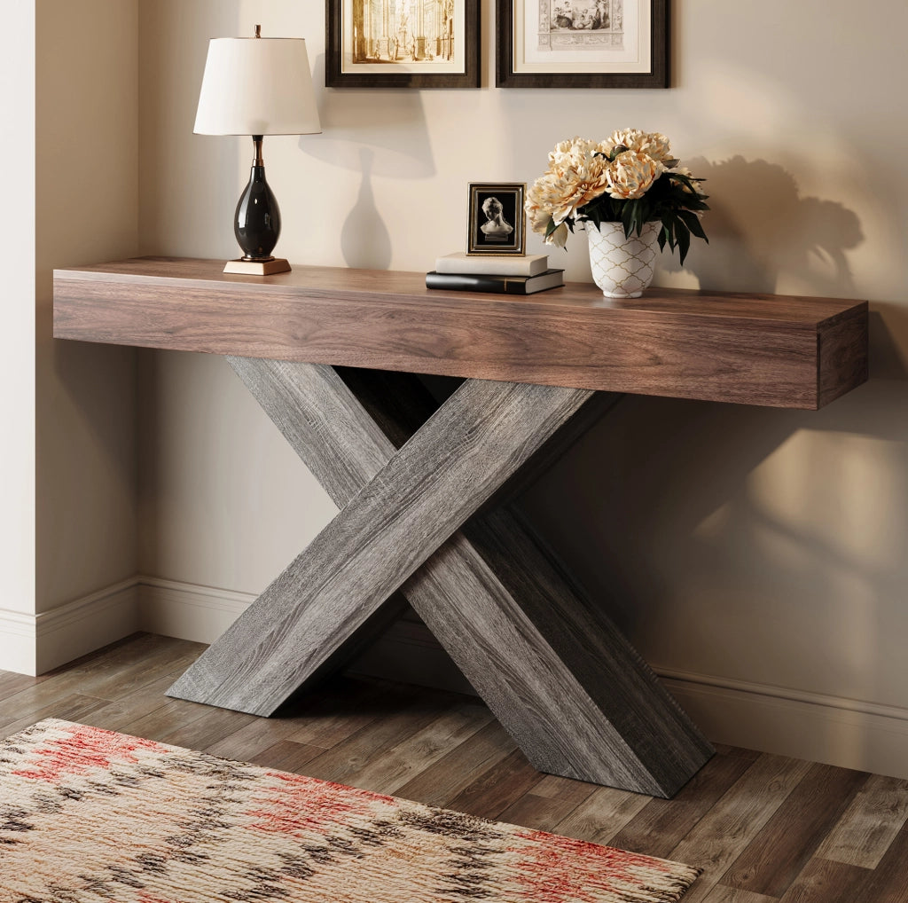 Tavolo consolle stretto noce con supporto a X, 140x30x80 cm