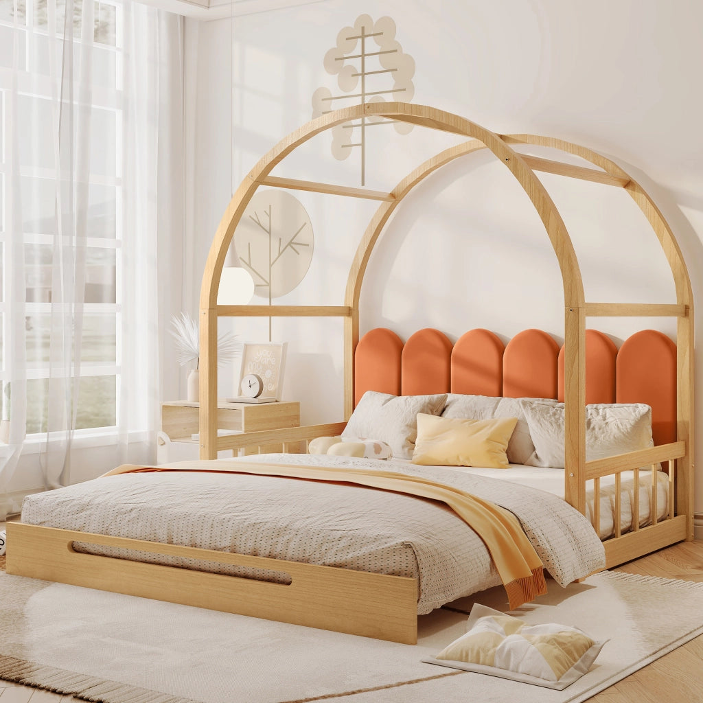 Letto Arco Estendibile per Bambini ¨C MINIMAL ¨C Pino Naturale, Velluto Arancione, 140x100/140x200