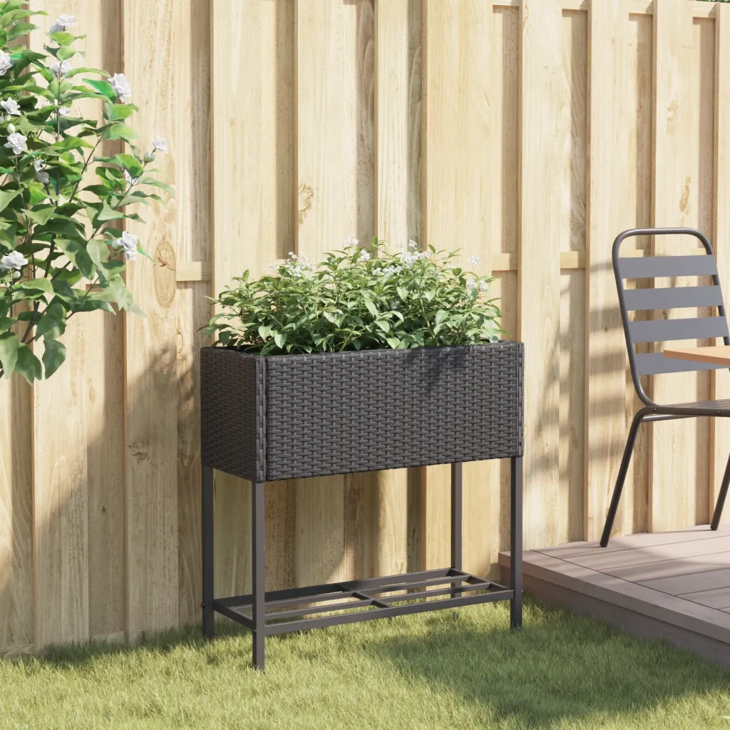 Fioriera | Cassetta per fiori | Vaso da Giardino con Ripiano Nera in Polyrattan