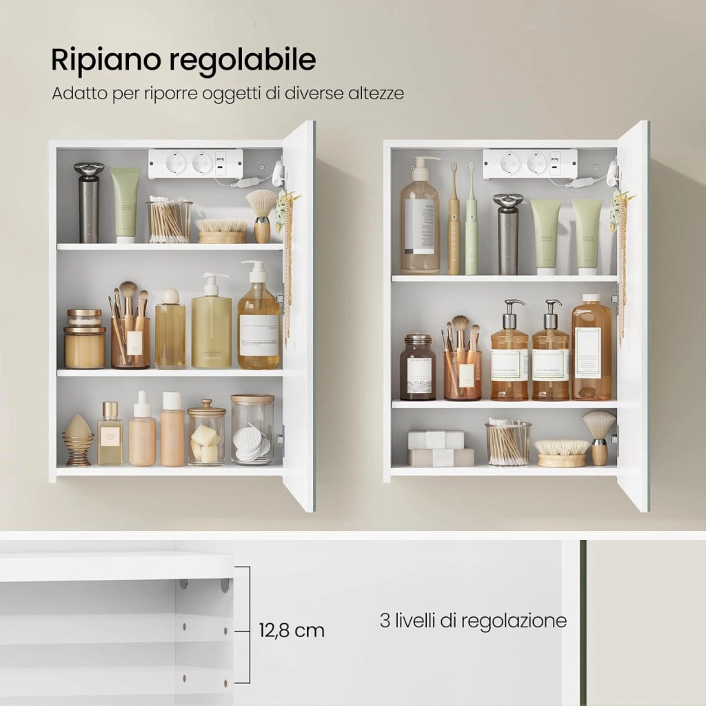 Mobile Bagno con Specchio e Luce, Armadietto Bagno con Ripiani Regolabili, Ganci e Prese, Luce Tattile a 3 Colori, per Appartamento, Bianco, 50x14,5x70 cm