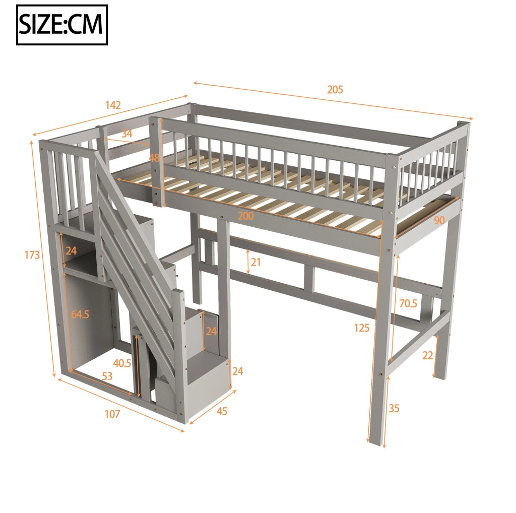 Letto singolo per bambini 90x200 cm in legno con scala contenitore; grigio