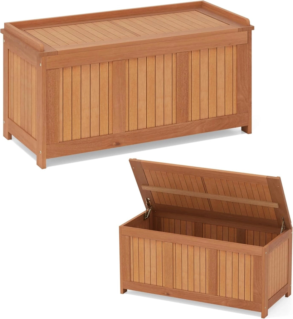 Baule da Giardino 220L, 3 in 1 Cassapanca Contenitore in Legno Massello con Coperchio Ribaltabile e Bordi Rialzati, Panca Portaoggetti per Interni e Esterni, 113,5 x 52 x 58,5 cm