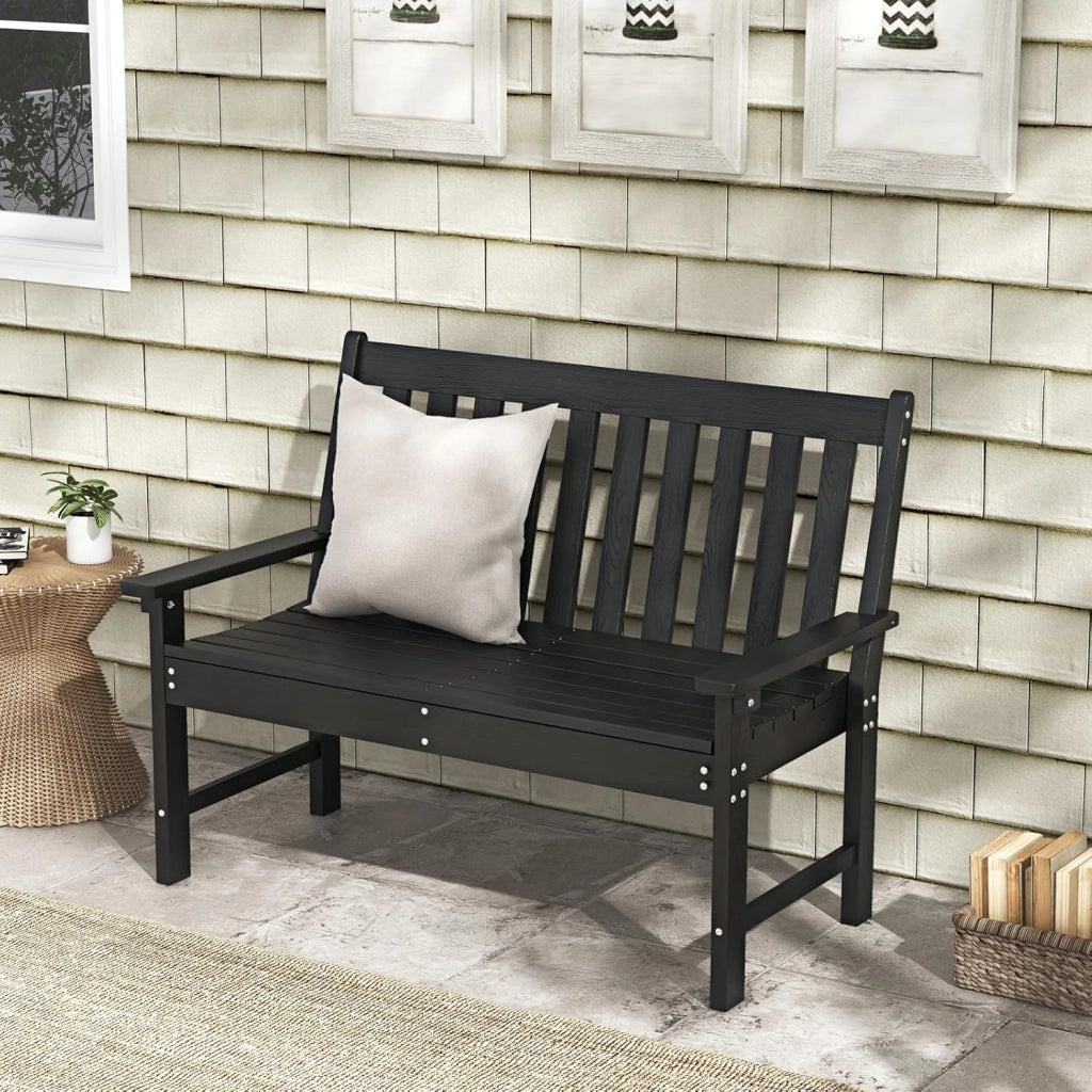 Panchina da Esterno, Panca da Giardino in HDPE Resistente con Schienale e Braccioli, Panchina da Parco, Balcone, Spogliatoio e Cortile, 132 x 65 x 91 cm (Nero)