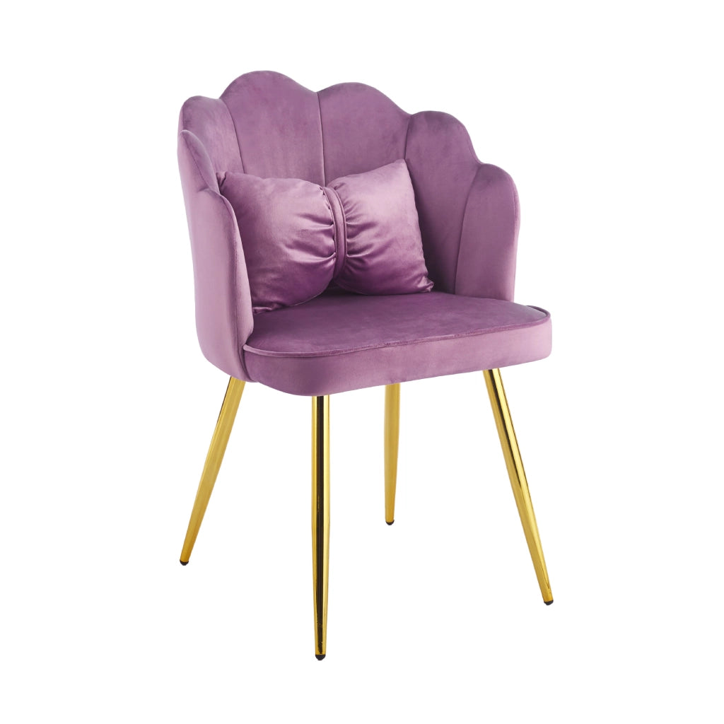 Poltroncina Elegante in Velluto con Schienale a Conchiglia, Cuscino e Gambe in Acciaio, Sedia Imbottita elegante Violetto