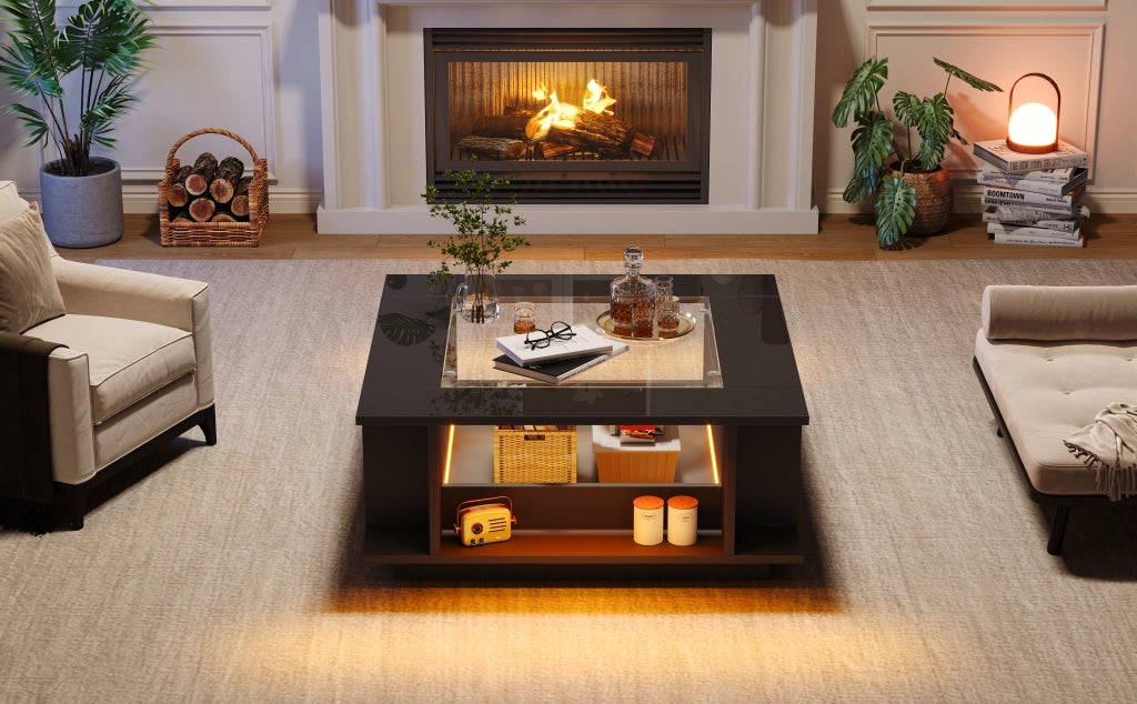 Tavolino basso con LED, piano in vetro e vani aperti, per soggiorno, in truciolare nero, 70 × 70 × 30 cm