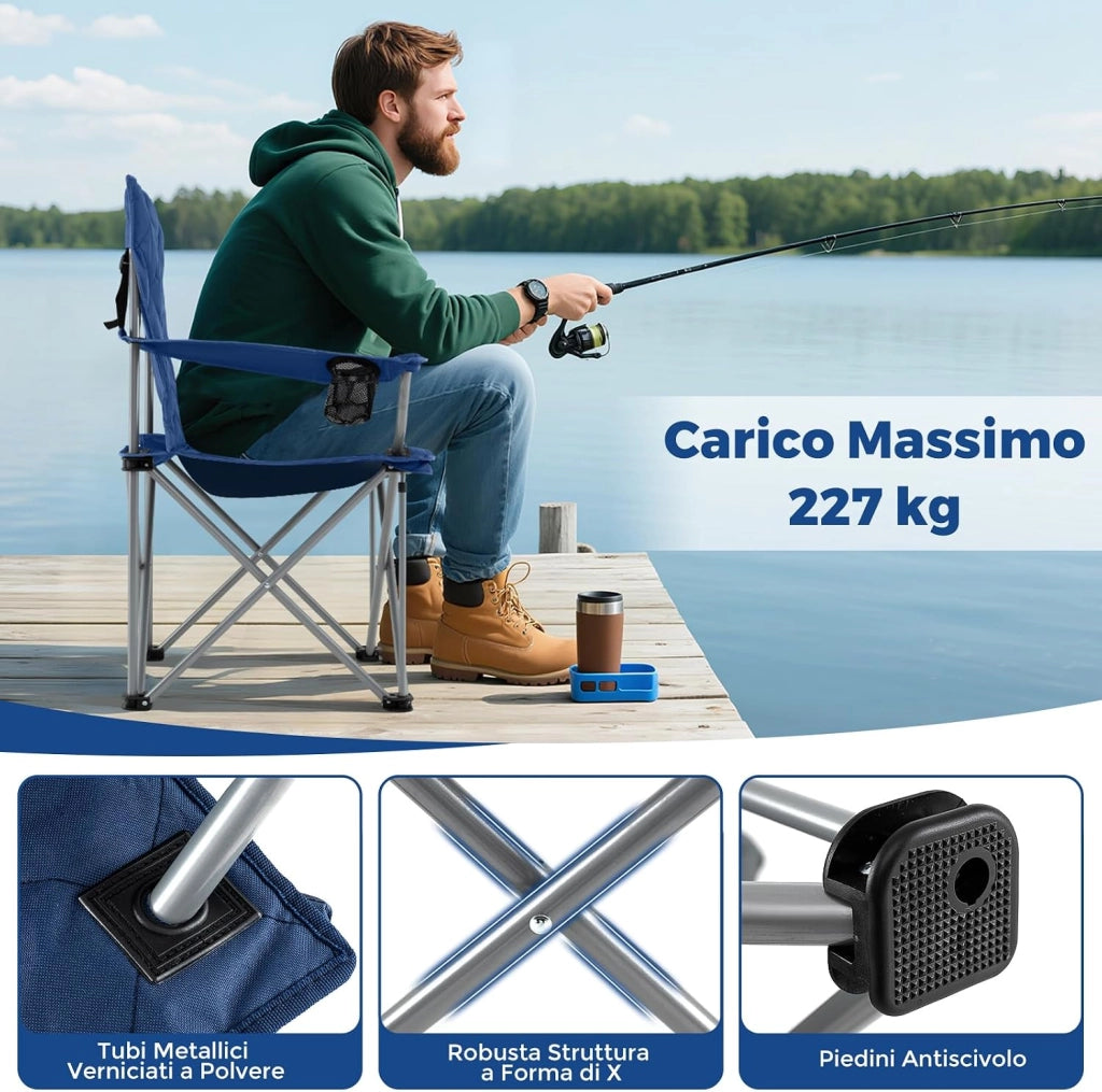 Sedia da Campeggio Pieghevole, Poltrona Esterni con Tasca Frigorifero e Portabicchieri, Sedia da Picnic con Borsa da Trasporto, Portata 227 kg, per Campeggio Pesca Picnic (Blu)