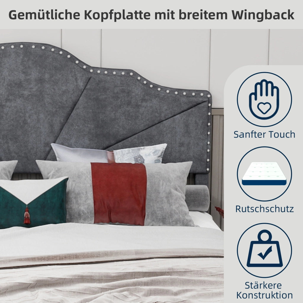 Letto Matrimoniale 140x200 cm; Testiera Geometrica in Tessuto e Metallo; Grigio