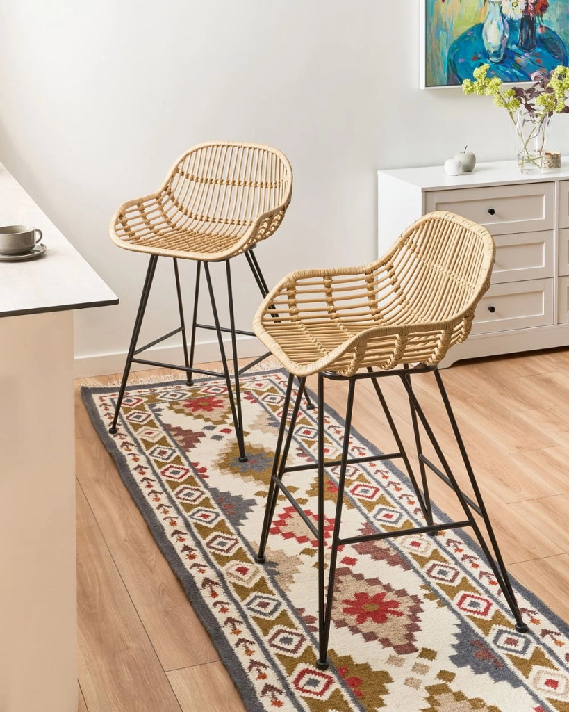Set di 2 sedie da bar in rattan naturale con struttura in ferro per interni stile boho per sala da pranzo