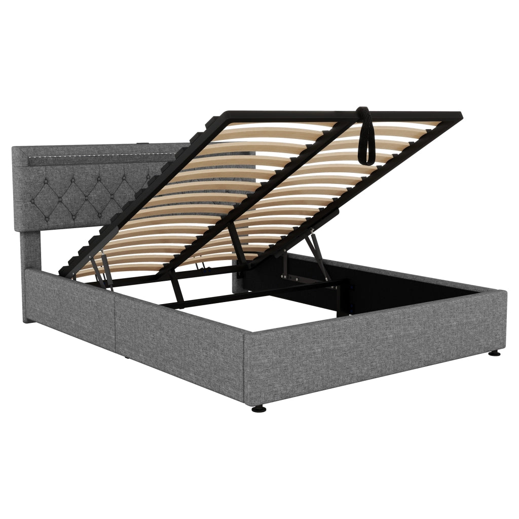 Letto imbottito matrimoniale 160 × 200 cm con contenitore sollevabile, led regolabile, usb e tipo-c, senza materasso, grigio