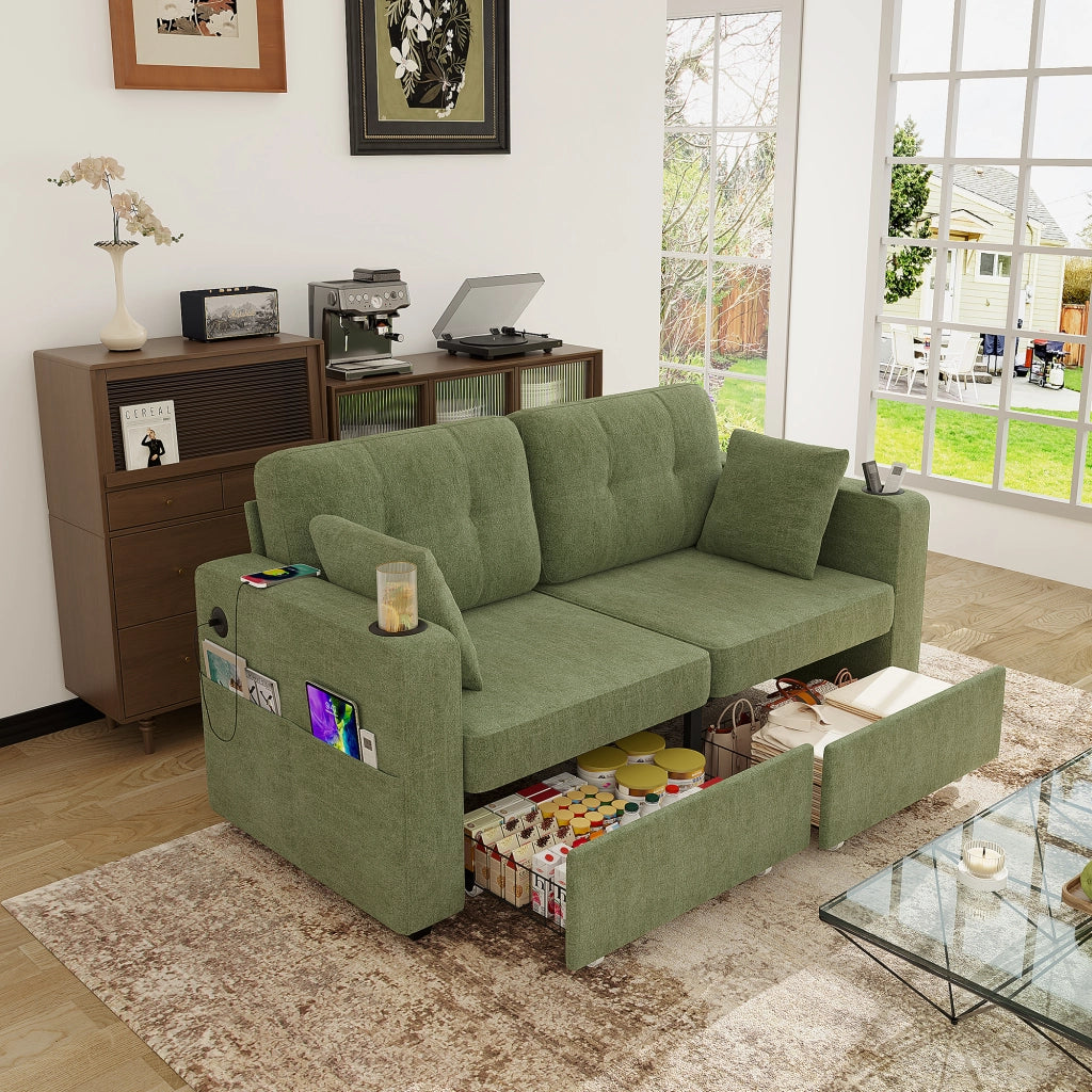Canapé a due posti con cassetti portaoggetti, porte USB e portabicchieri in chenille oliva 172 × 75 × 82 cm