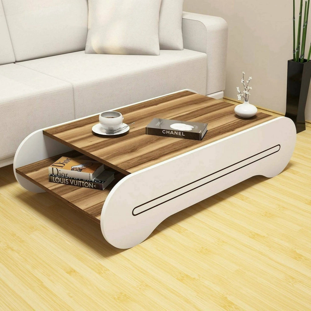 Tavolino da salotto Anz, Tavolo basso da caffè, Portariviste per divano, Ripiano da soggiorno, 120x64h30 cm, Noce e Bianco