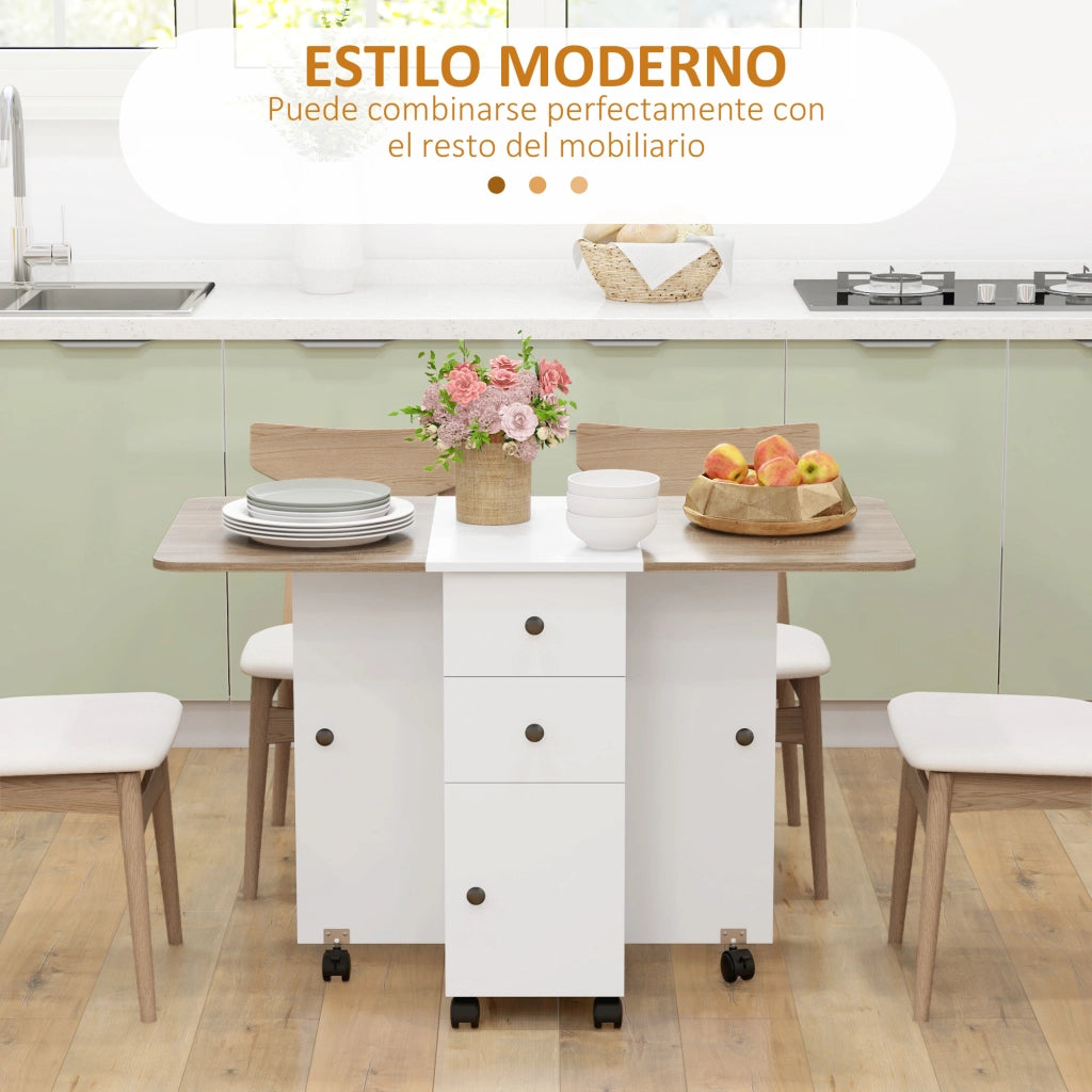 Tavolo Pieghevole da Pranzo Allungabile con 2 Cassetti e Armadio ¨C Zephmum ¨C Bianco e Naturale 120x60x76,5 cm