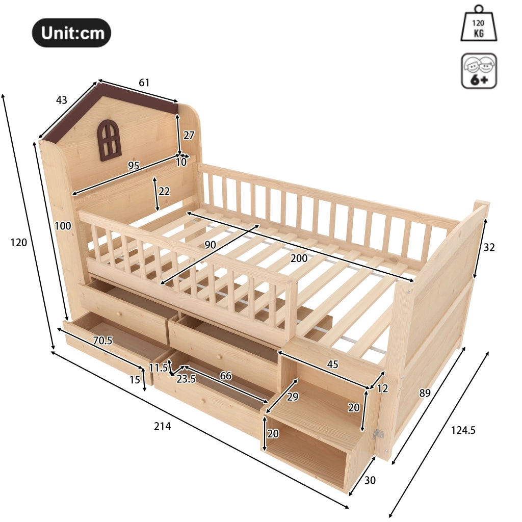 Letto a soppalco basso 90x200 cm in legno di pino, forma casa con LED, 4 cassetti e scala, Naturale