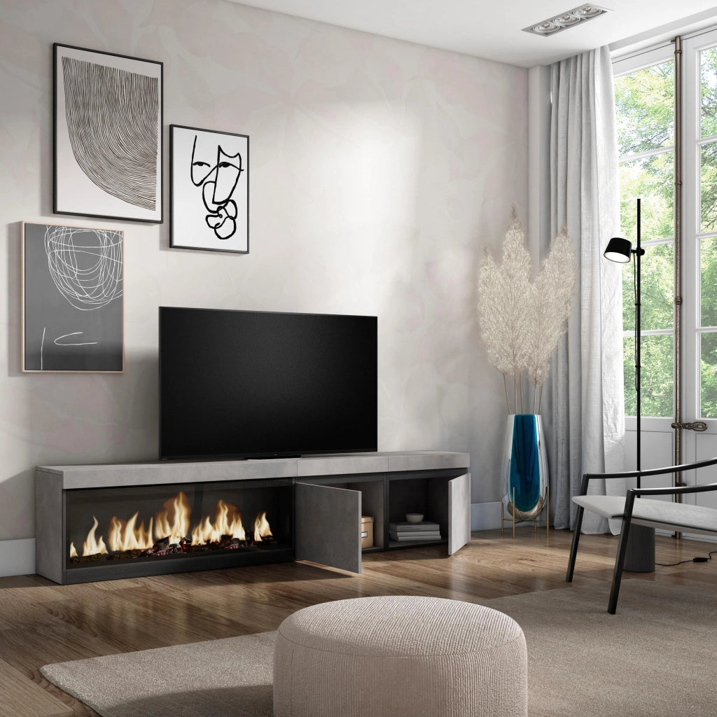 Mobile TV, Soggiorno, 208x35x45cm, Per TV fino a 80", Camino elettrico XXL, grigio cemento RF3204