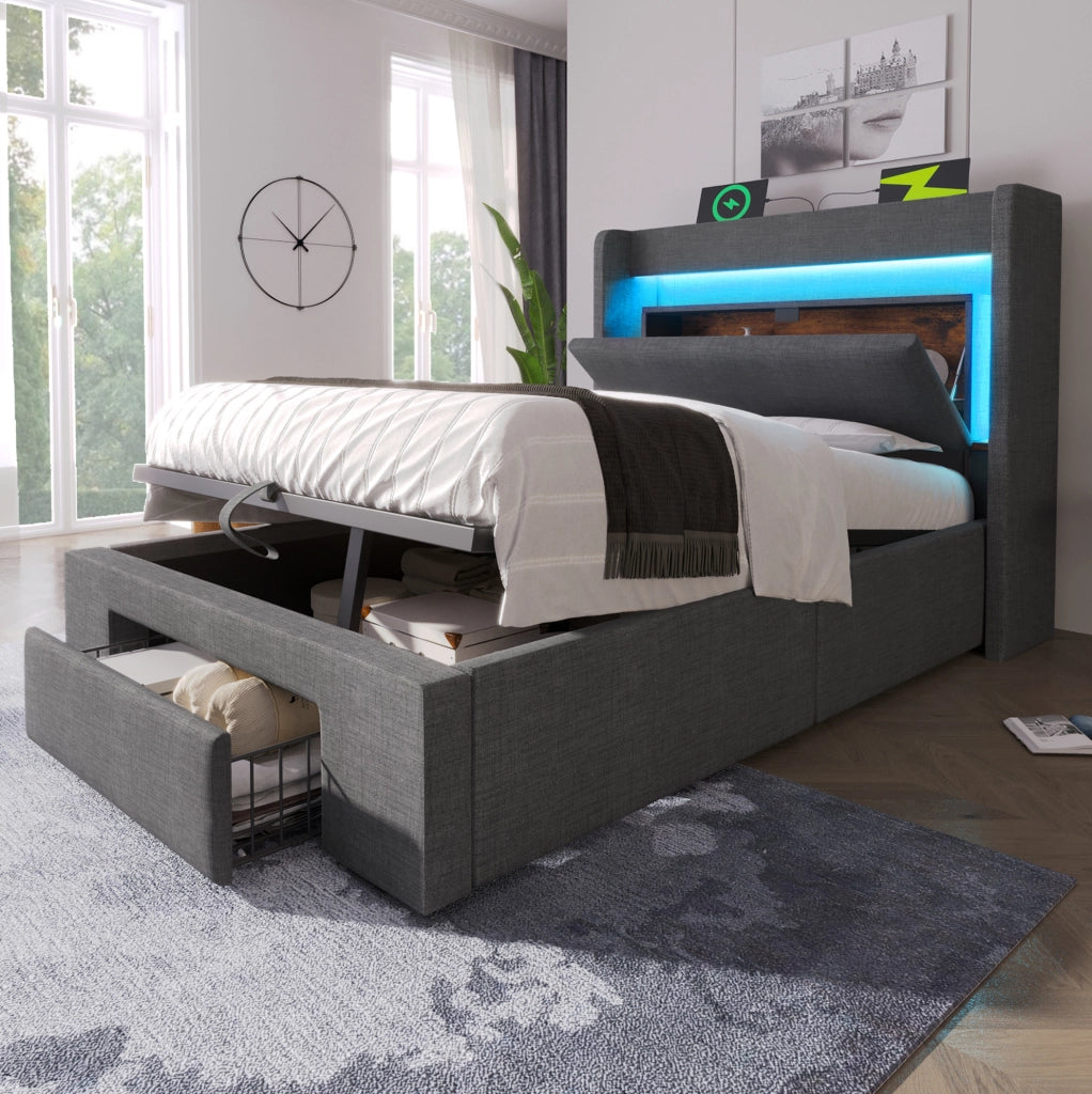 Letto 90x200 cm con contenitore idraulico, LED, USB e materasso incluso