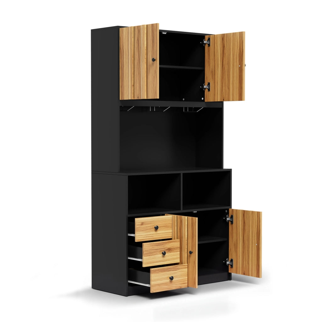 Hochschrank da cucina con vetrina, illuminazione LED RGB, prese integrate e portabicchieri, 100 x 40 x 180 cm