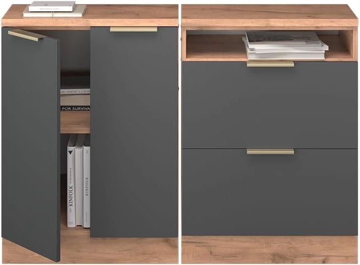 Set di mobili sottotetto Rion, Antracite-oro, 120 cm Set di 2 carcasse armadio profondità 60 cm, adatto per il salvaspazio sotto tetti spioventi
