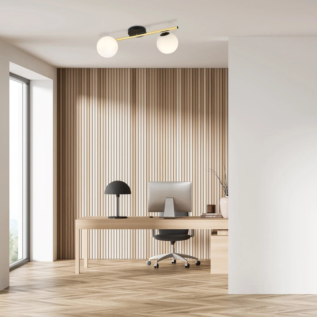 Plafoniera Contemporanea 2 Luci Eracle In Acciaio Oro/Nero E Sfere Vetro Bianco