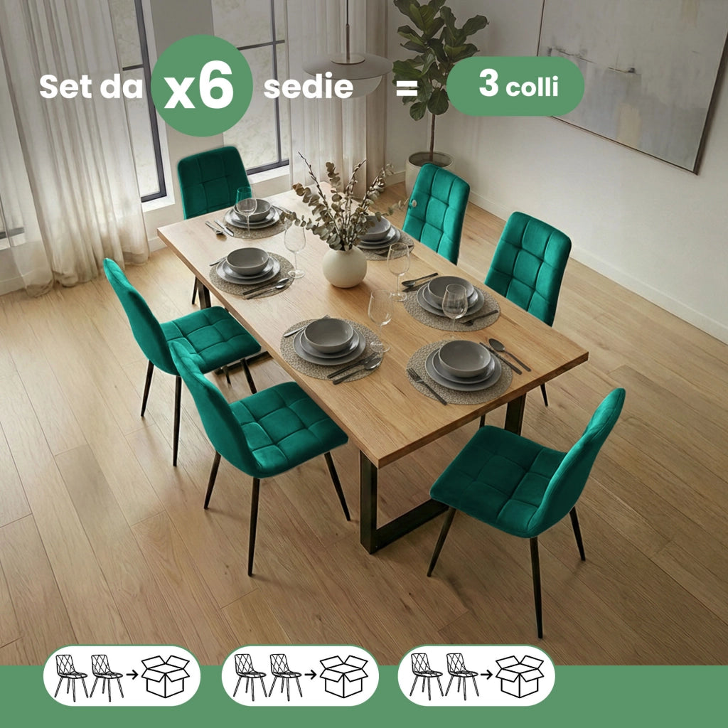 Set di 6 Sedie in velluto trapuntate NERO Verde Bottiglia gambe nere