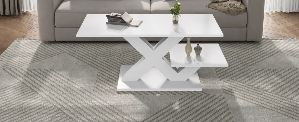 Tavolino basso rettangolare con doppio piano e struttura a x, in MDF lucido, per soggiorno, bianco 100 × 48 × 45 cm