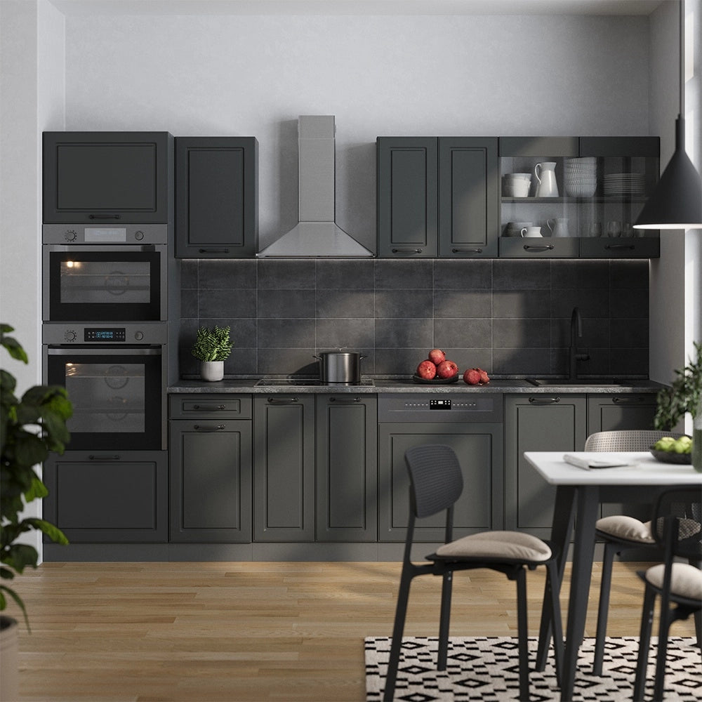 Cucina componibile R-Line Antracite rustico/Antracite 300 cm con armadio alto, PL Marmo Vicco