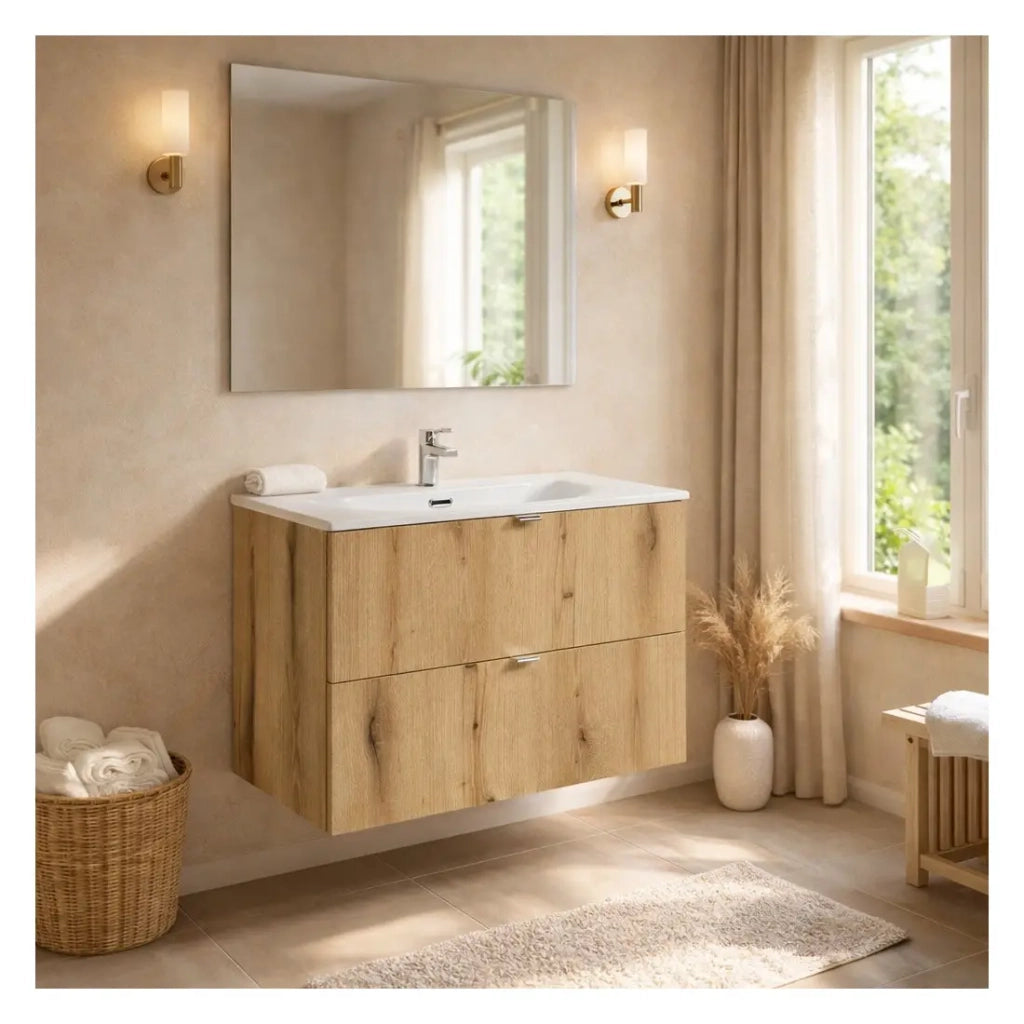 Set bagno sospeso VANO effetto rovere e bianco 80cm: mobile sotto lavabo con cassetti + lavabo incassato