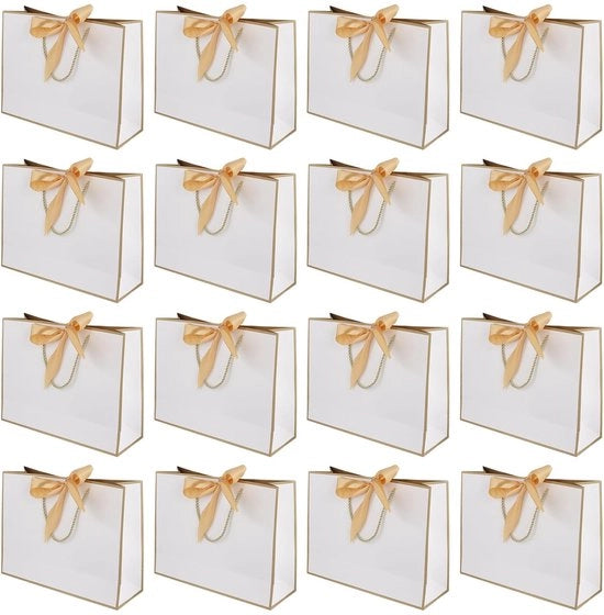 Confezioni di regalo 16 pezzi - Borse di regalo in carta 32x25x11cm - Borsa di carta bianca con nastro dorato - Costruzione robusta - Maniglie rinforzate - Ideale per compleanni/festeggiamenti/matrimoni - Borse di regalo
