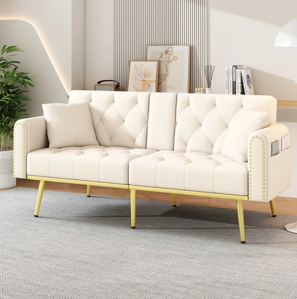 Divano letto 175x80x73.5 cm con schienale regolabile; portabicchieri; velluto beige