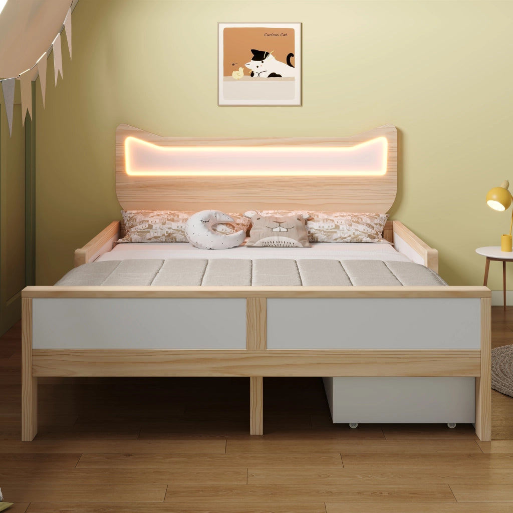 Letto matrimoniale 140x200 cm con testiera a forma di gatto, LED RGB, cassetto e contenitore, bianco e rovere