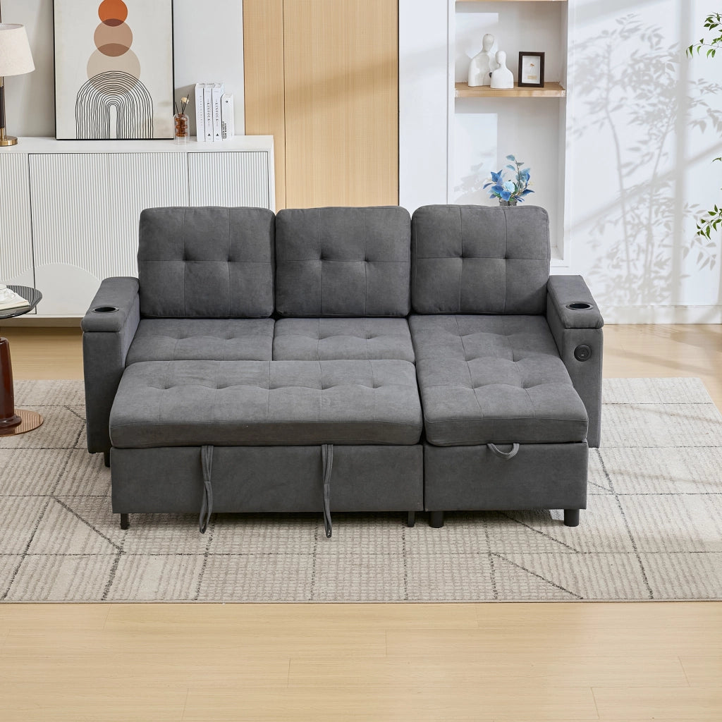 Divano letto convertibile con vano contenitore, luci LED, porte USB, tasche laterali e portabicchieri in tessuto grigio