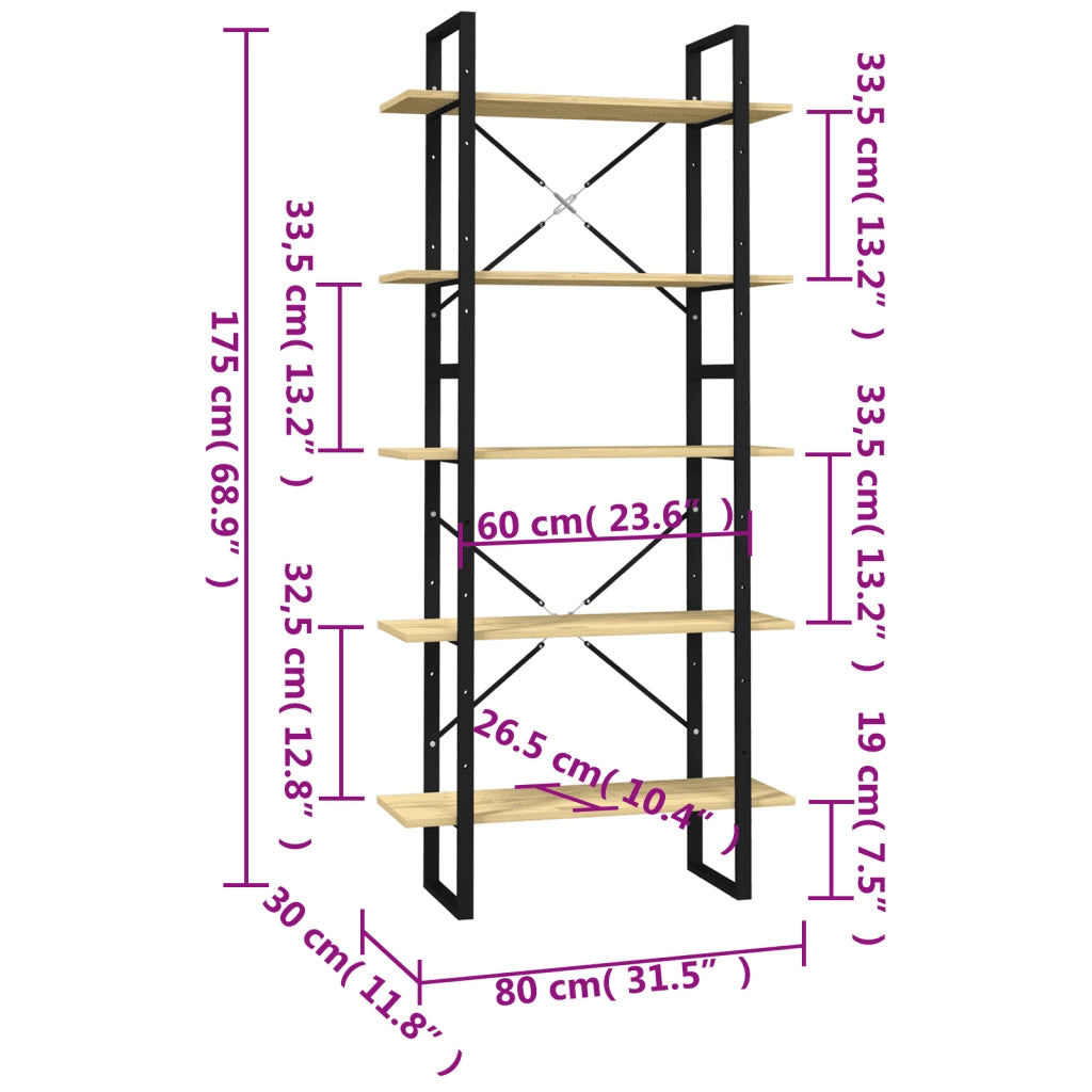 Libreria a 5 Ripiani-Scaffale per Libri-Mobile di Stoccaggio 80x30x175 cm in Legno Massello di Pino