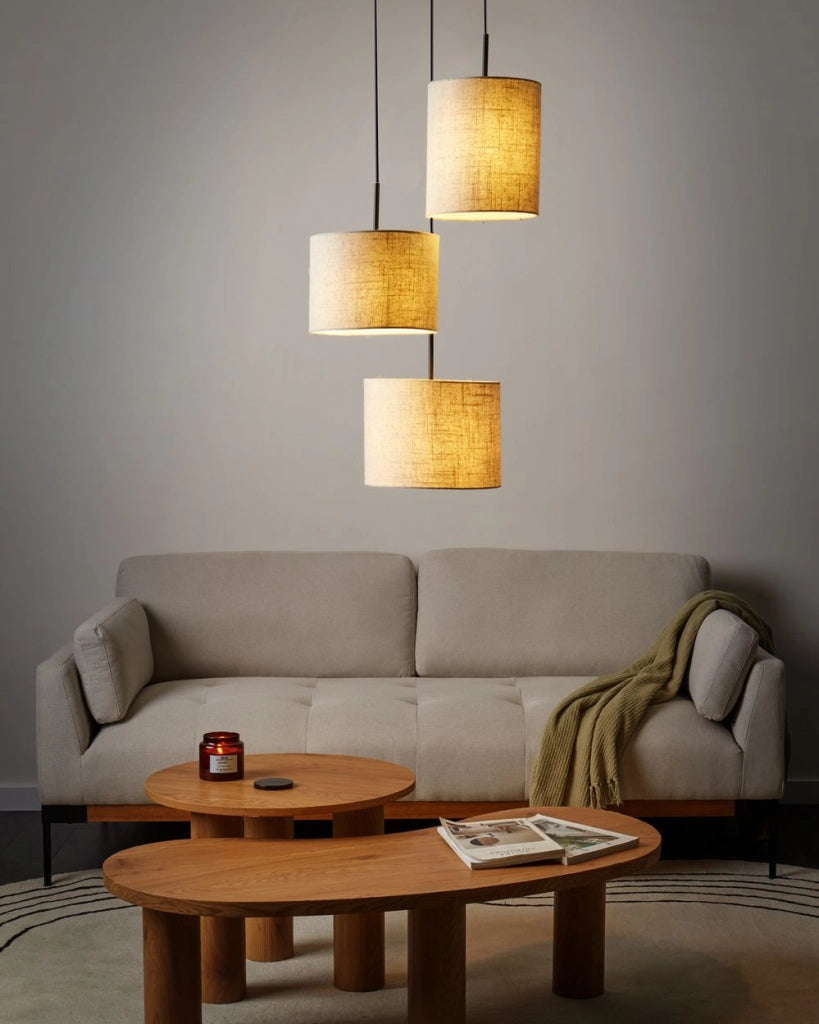 Lampadario 3 luci in tessuto di lino beige Paralume di design moderno Luce del soggiorno