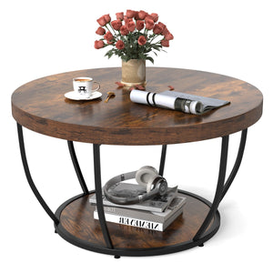 Tavolino da caff¨¨ rotondo-Tavolo a 2 ripiani con struttura in metallo resistente Naturale + Nero