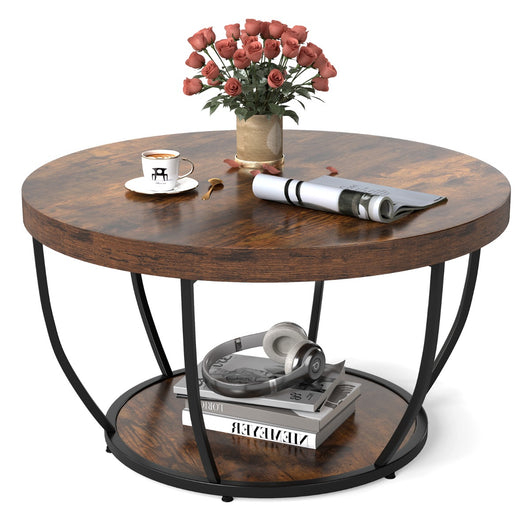 Tavolino da caff¨¨ rotondo-Tavolo a 2 ripiani con struttura in metallo resistente Naturale + Nero