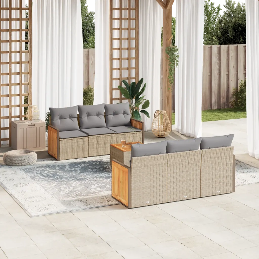 Set Divani da Giardino 7 pz con Cuscini Beige in Polyrattan