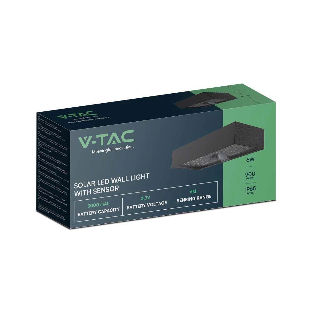 Applique solare LED 6W sensore 900lm IP65 nero V-TAC