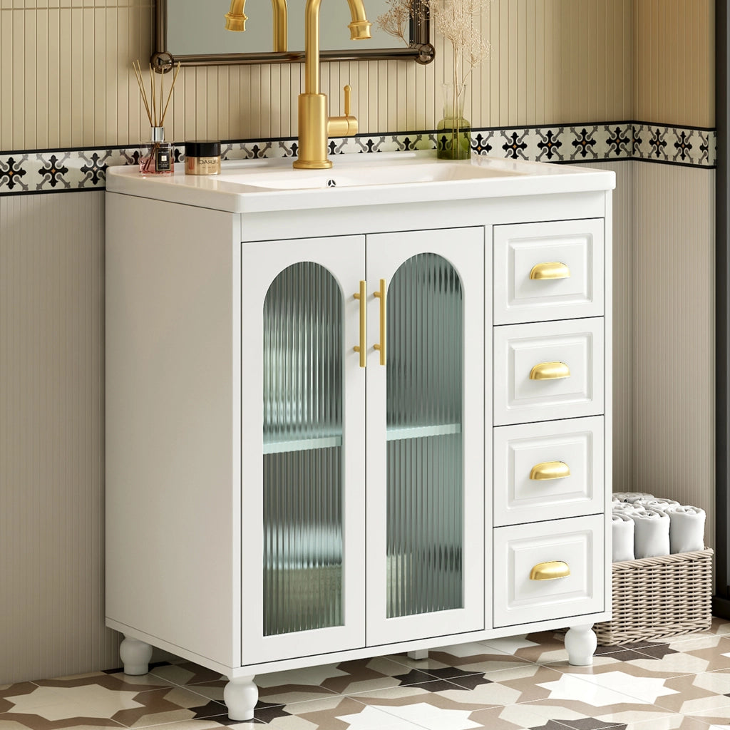 Mobile sottolavabo con 2 ante; 1 anta e 3 cassetti - per bagno - in MDF - bianco