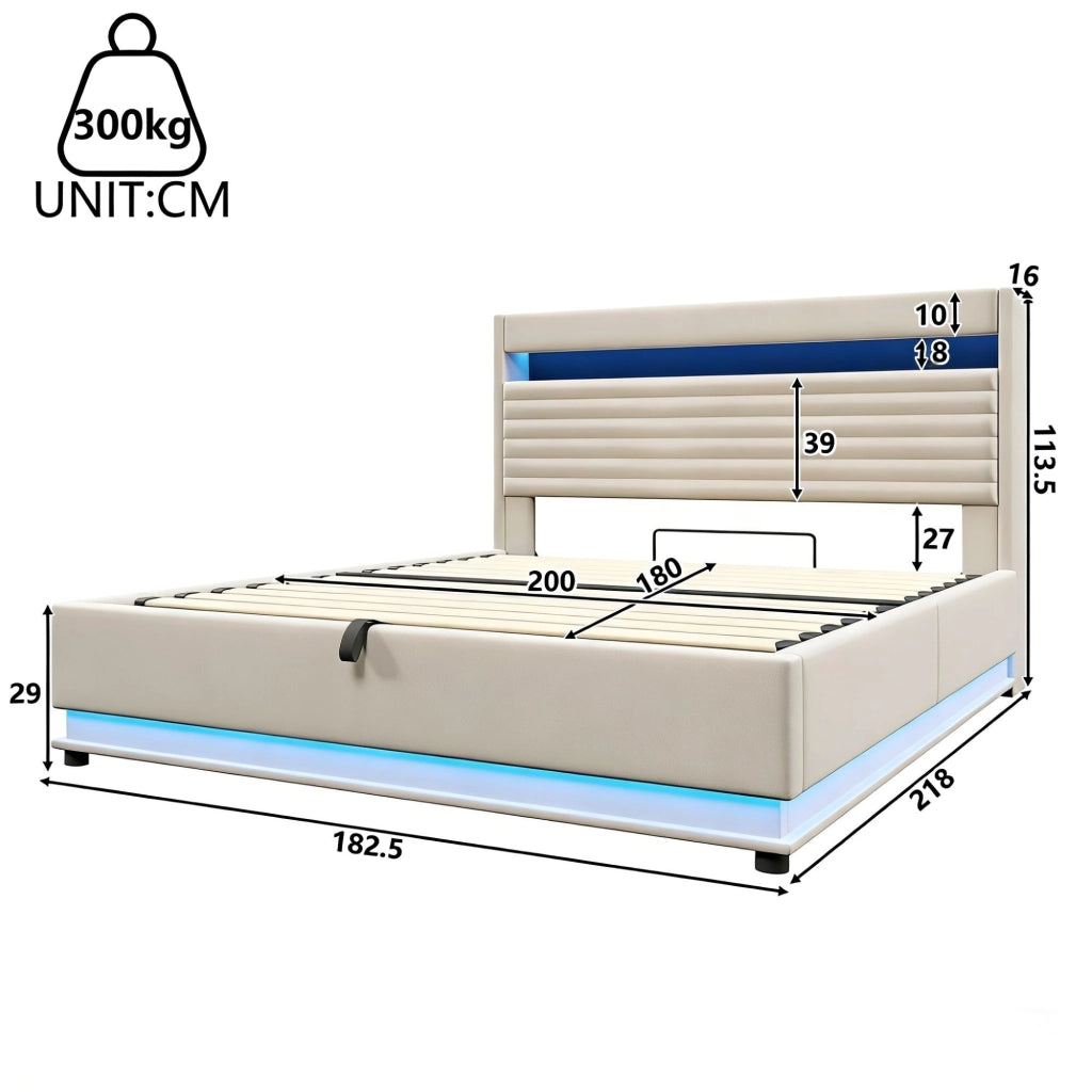 Letti contenitori 180x200 cm; contenitore idraulico con LED e USB; lino beige (Senza materasso)