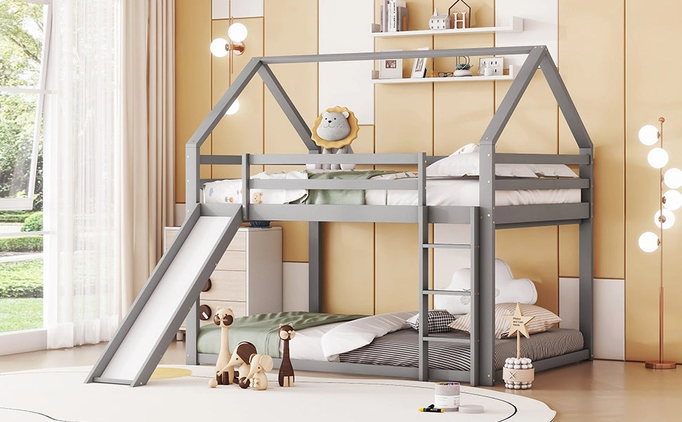 DESMIU Letto a castello per bambini 140 × 200 cm con scivolo e scala, senza materasso, in legno, grigio