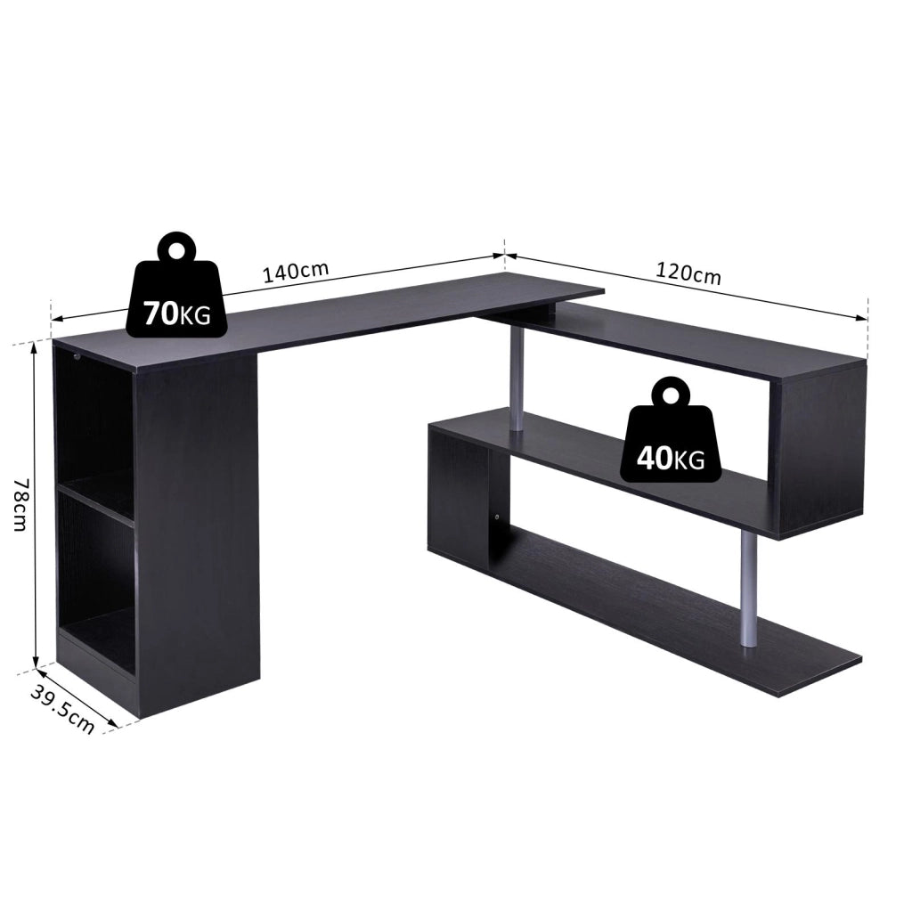 Scrivania Angolare da Ufficio 140x120x78,2 cm con Cassetti e Scaffale Girevole  Nera