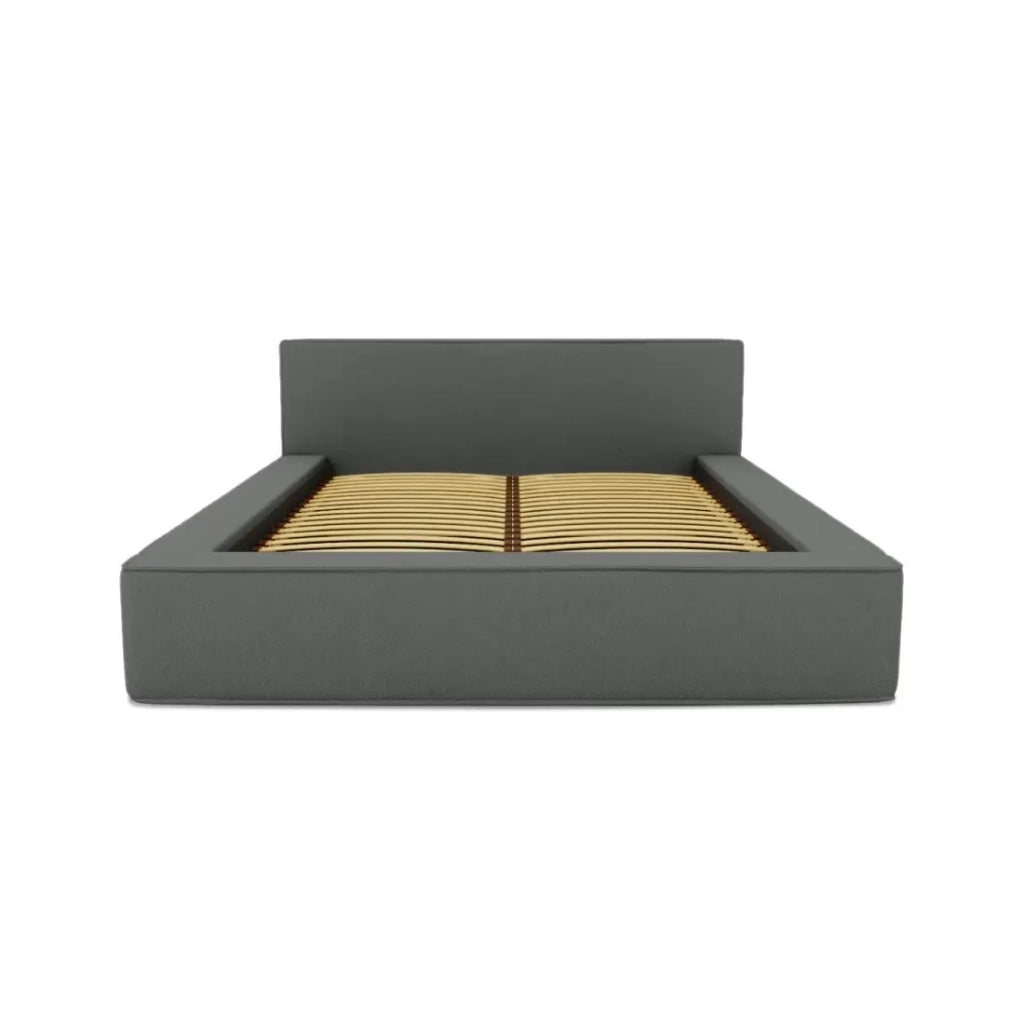Letto contenitore VELORA – Ardesia bouclé – 180x200 cm – Tessuto velluto morbido – Rete sollevabile – Contenitore integrato