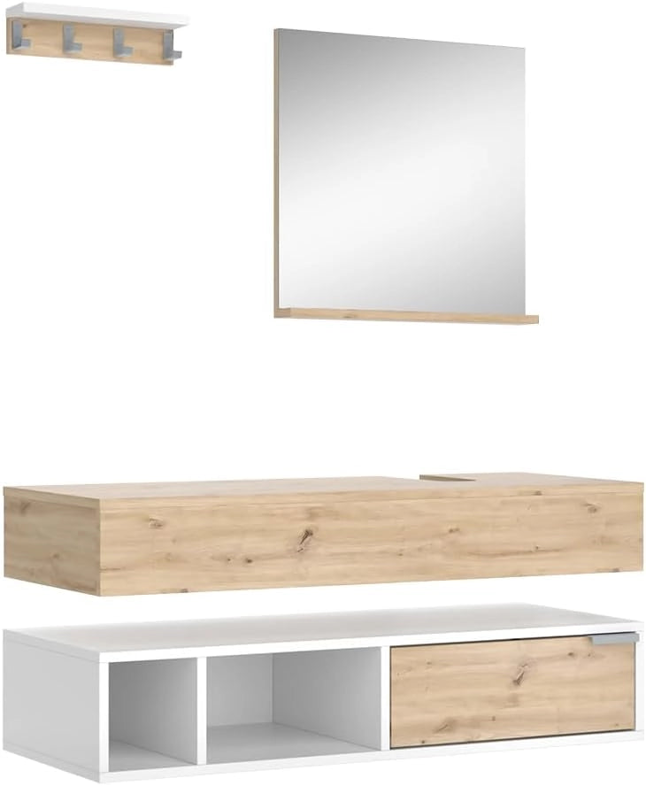Set di mobili da bagno Henri, Bianco, 100 cm, composto da mobile sottolavabo, specchiera e mobile medio