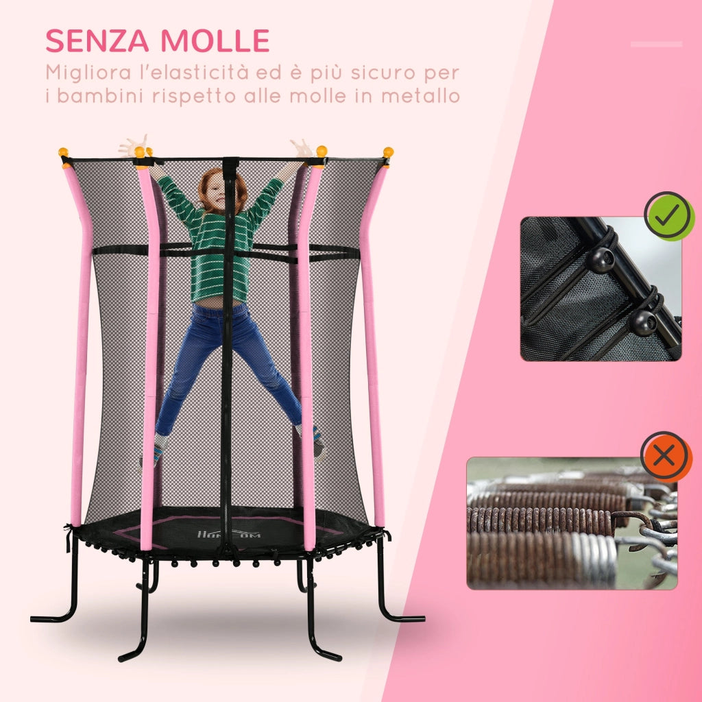 Trampolino Tappeto Elastico per Bambini con Ingresso a Cerniera e Pali Imbottiti Ø163.5x190 cm in Acciaio, PP e EPE Rosa