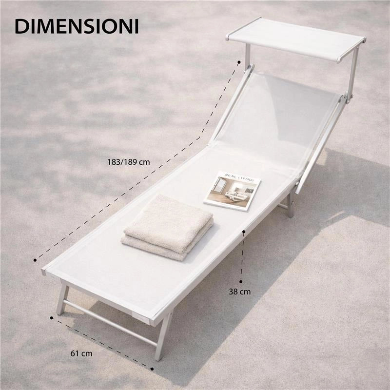 LETTINO RIMINI PRENDISOLE IN ALLUMINIIO CON PARASOLE PIEGHEVOLE 61X183/189X38H CM , COLORE BIANCO