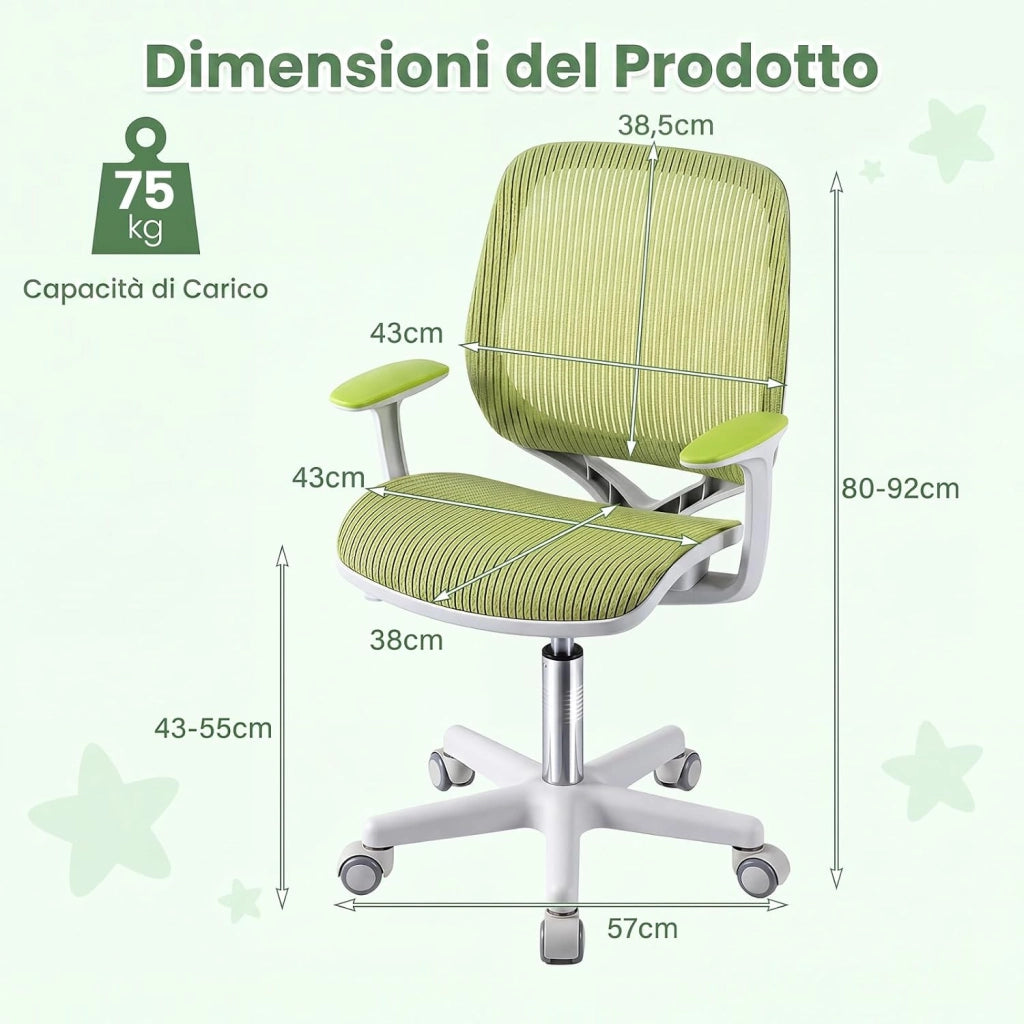 Sedia da Scrivania Girevole per Bambini (Verde,Ruote Ordinarie) | con Altezza Regolabile, 5 Ruote, Braccioli Morbidi, Mobile Ergonomica per Bambini 6-15 Anni