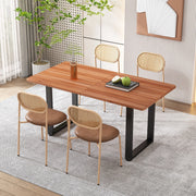 Set di 4 sedie da pranzo con schienale ovale in rattan naturale; seduta marrone in PU e gambe in metallo