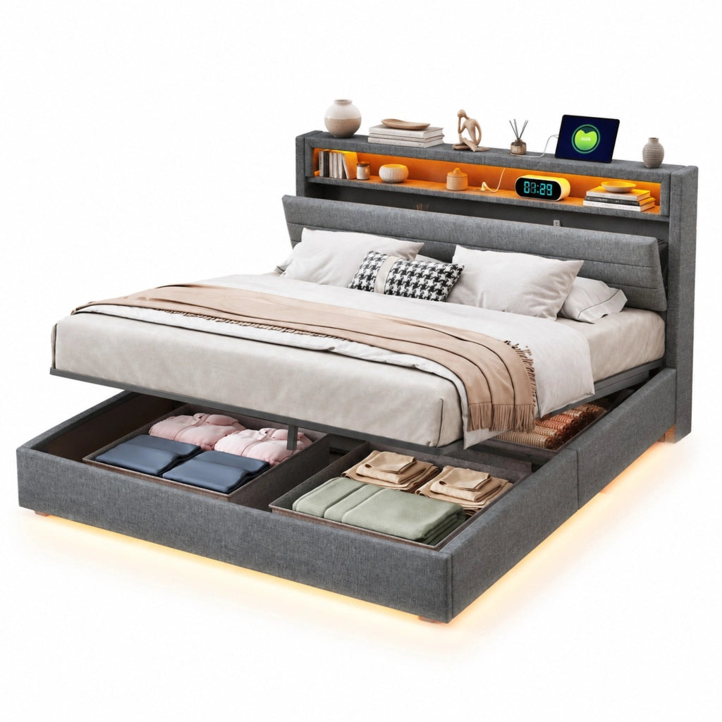 Letto matrimoniale imbottito 140x200 cm grigio con USB; LED e contenitore idraulico