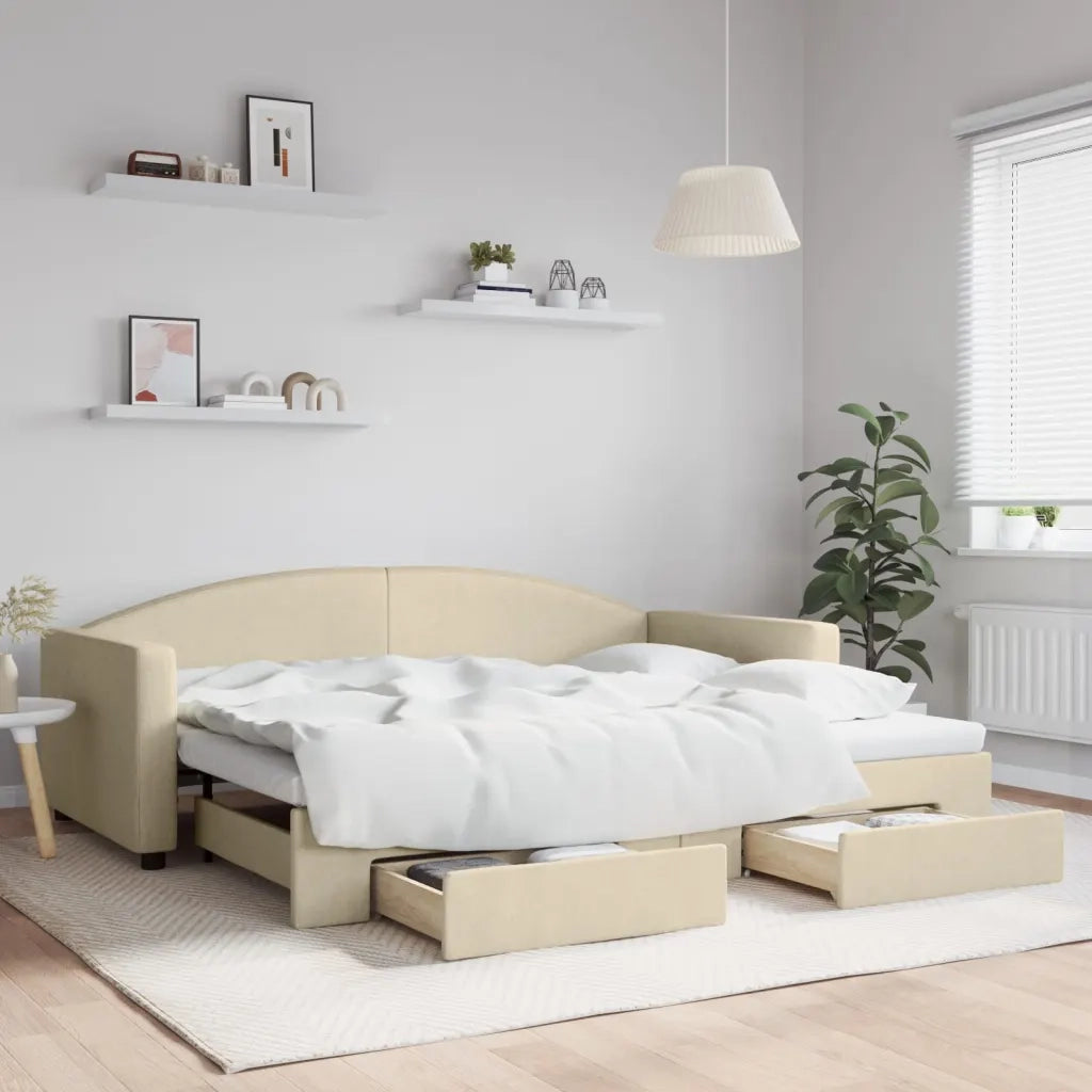 Divano letto | Sof¨¤ letto | Letto singolo Estraibile con Cassetti Crema 90x200 cm in Tessuto
